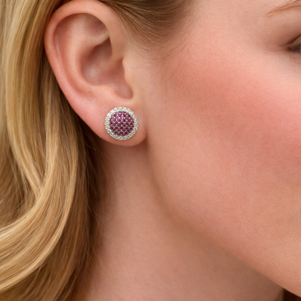 Rhodium Gold Filled Stud Earring, with Ruby and White Micro Pave, Polished, Rhodium Finish