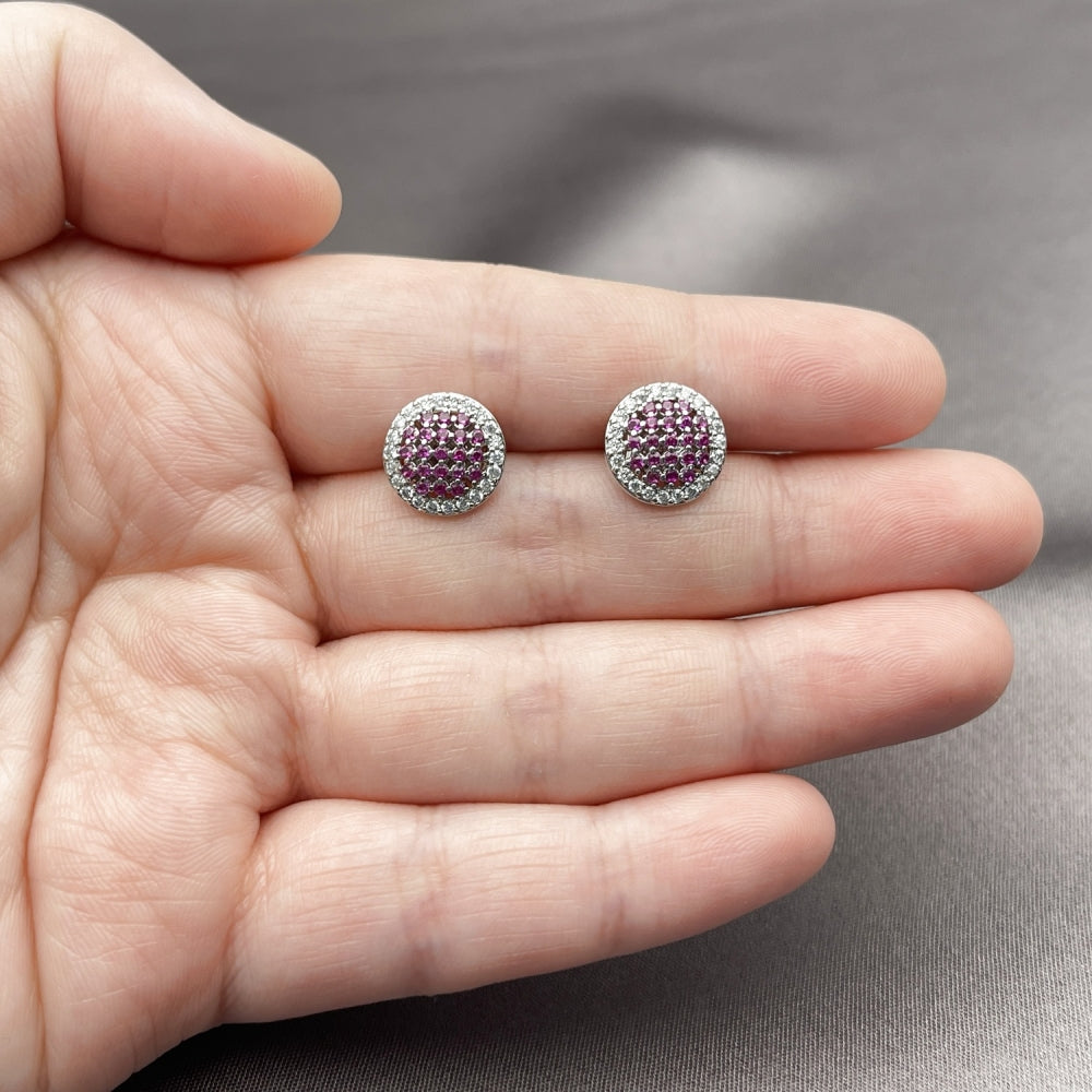 Rhodium Gold Filled Stud Earring, with Ruby and White Micro Pave, Polished, Rhodium Finish