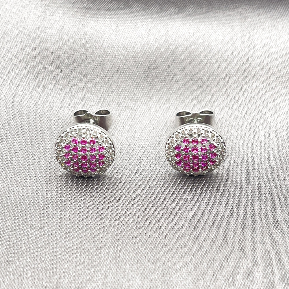 Rhodium Gold Filled Stud Earring, with Ruby and White Micro Pave, Polished, Rhodium Finish