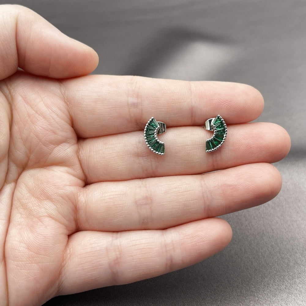 Rhodium Gold Filled Stud Earring, Baguette Design, with Green Cubic Zirconia, Polished, Rhodium Finish