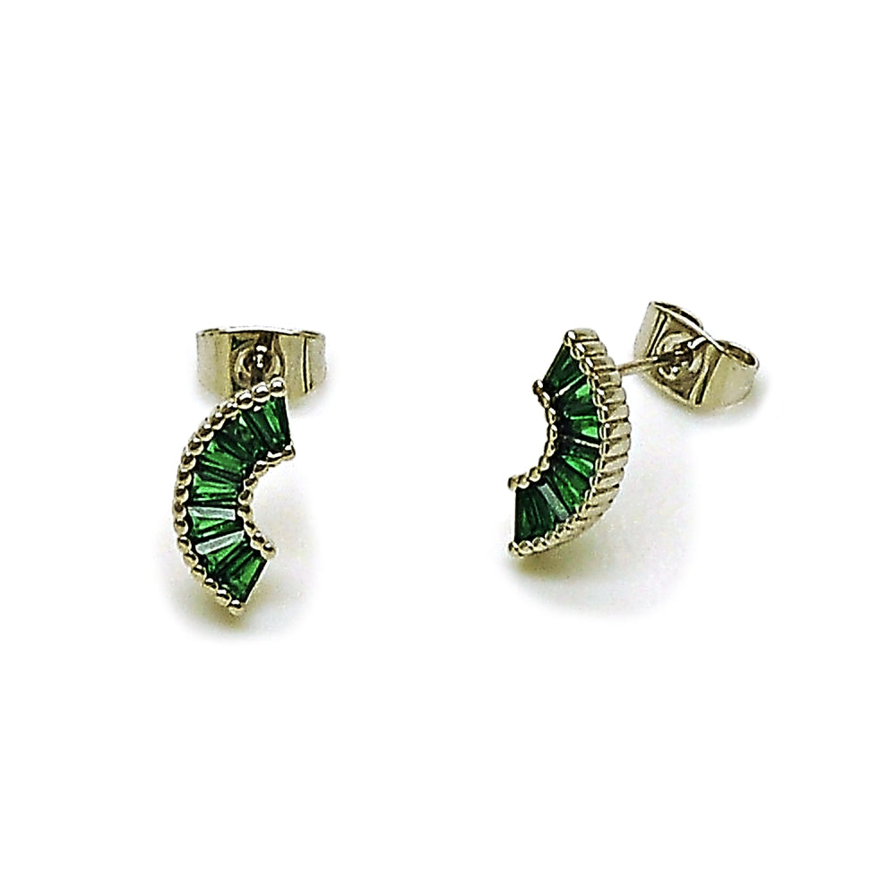 Rhodium Gold Filled Stud Earring, Baguette Design, with Green Cubic Zirconia, Polished, Rhodium Finish