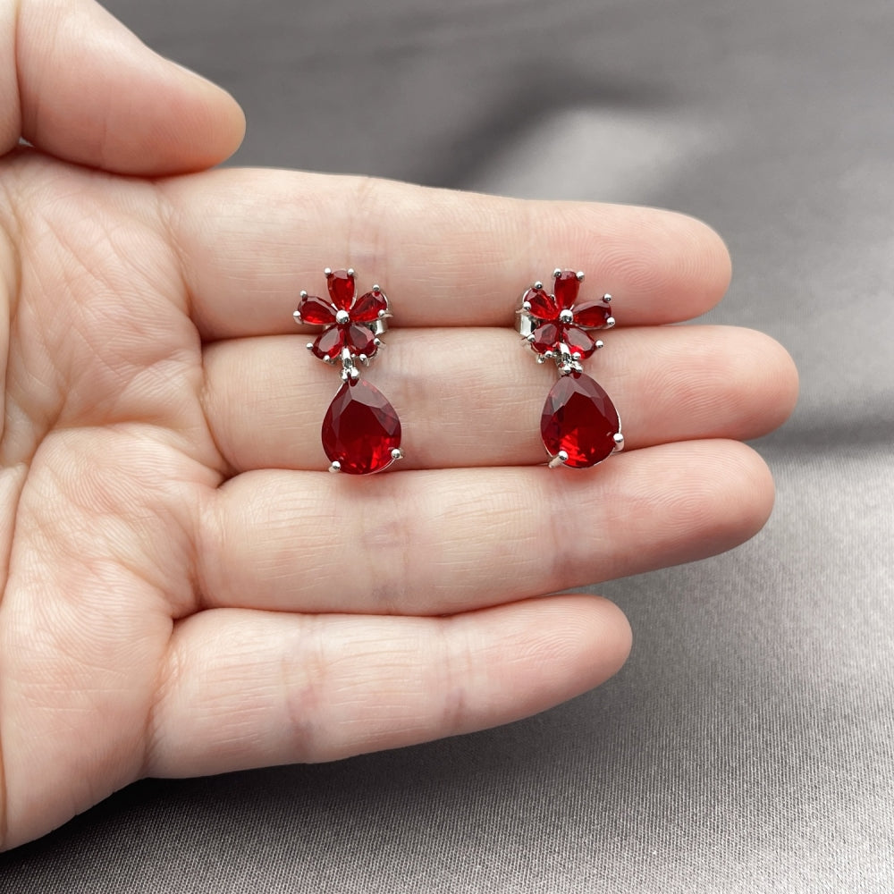 Rhodium Gold Filled Stud Earring, Flower and Teardrop Design, with Garnet Cubic Zirconia, Polished, Rhodium Finish