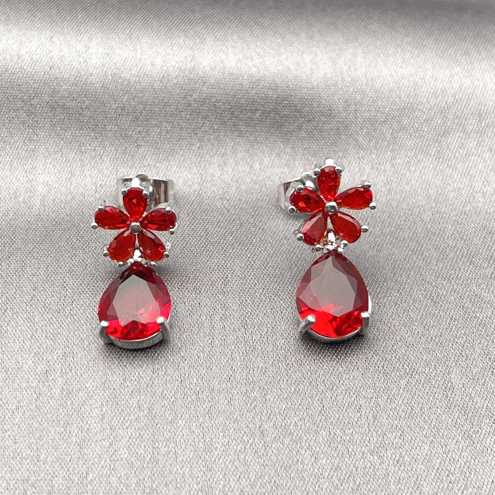 Rhodium Gold Filled Stud Earring, Flower and Teardrop Design, with Garnet Cubic Zirconia, Polished, Rhodium Finish