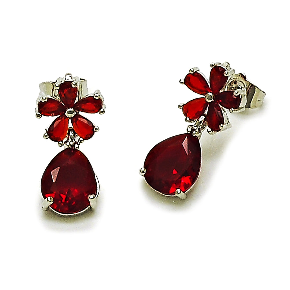 Rhodium Gold Filled Stud Earring, Flower and Teardrop Design, with Garnet Cubic Zirconia, Polished, Rhodium Finish