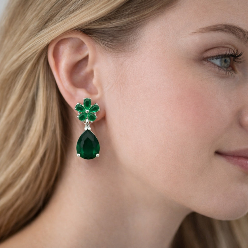 Rhodium Gold Filled Stud Earring, Flower and Teardrop Design, with Green Cubic Zirconia, Polished, Rhodium Finish