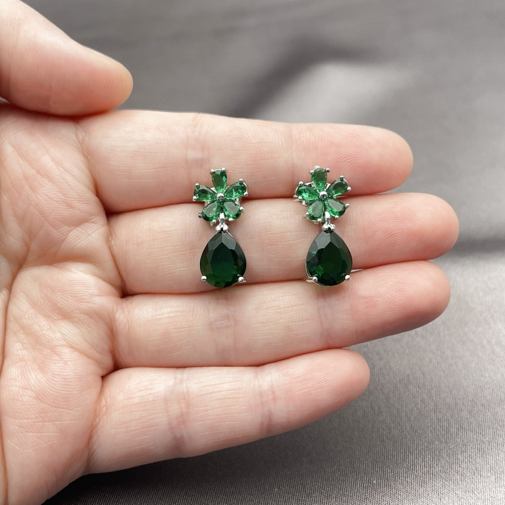 Rhodium Gold Filled Stud Earring, Flower and Teardrop Design, with Green Cubic Zirconia, Polished, Rhodium Finish