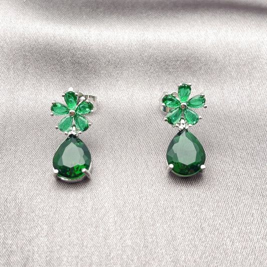 Rhodium Gold Filled Stud Earring, Flower and Teardrop Design, with Green Cubic Zirconia, Polished, Rhodium Finish