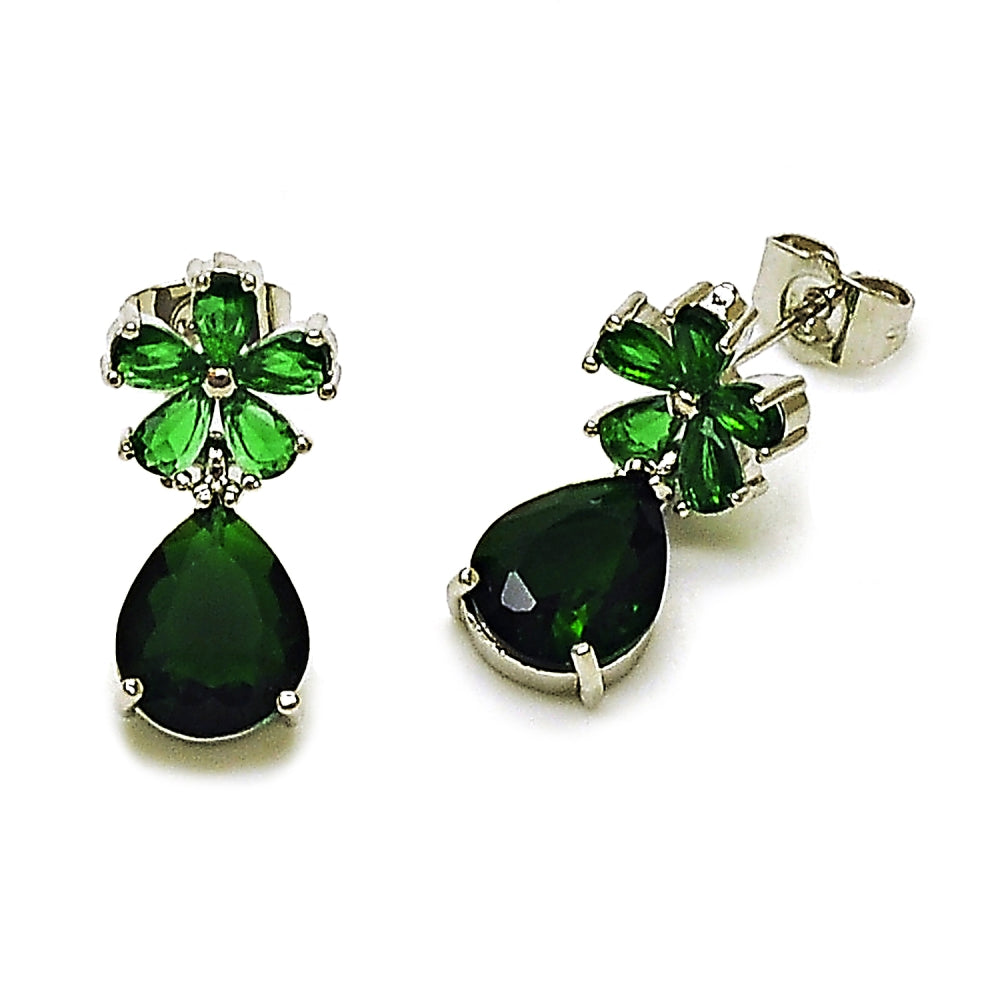 Rhodium Gold Filled Stud Earring, Flower and Teardrop Design, with Green Cubic Zirconia, Polished, Rhodium Finish