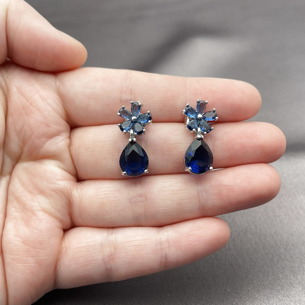 Rhodium Gold Filled Stud Earring, Flower and Teardrop Design, with Sapphire Blue Cubic Zirconia, Polished, Rhodium Finish