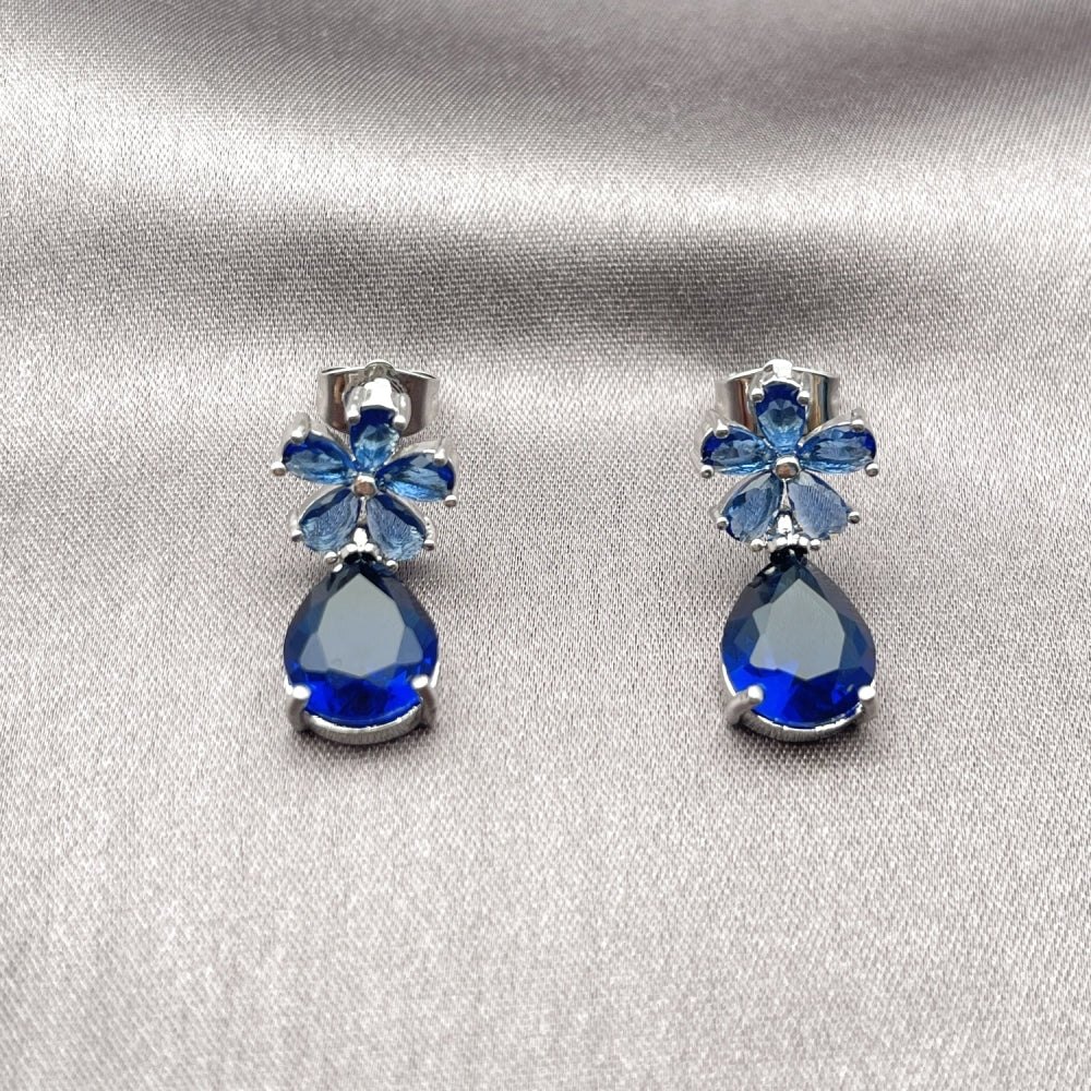 Rhodium Gold Filled Stud Earring, Flower and Teardrop Design, with Sapphire Blue Cubic Zirconia, Polished, Rhodium Finish