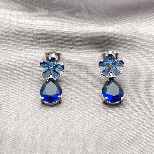 Rhodium Gold Filled Stud Earring, Flower and Teardrop Design, with Sapphire Blue Cubic Zirconia, Polished, Rhodium Finish
