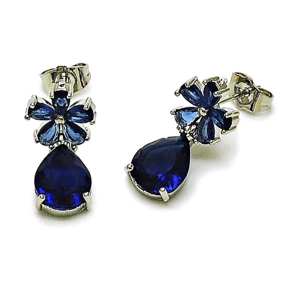 Rhodium Gold Filled Stud Earring, Flower and Teardrop Design, with Sapphire Blue Cubic Zirconia, Polished, Rhodium Finish