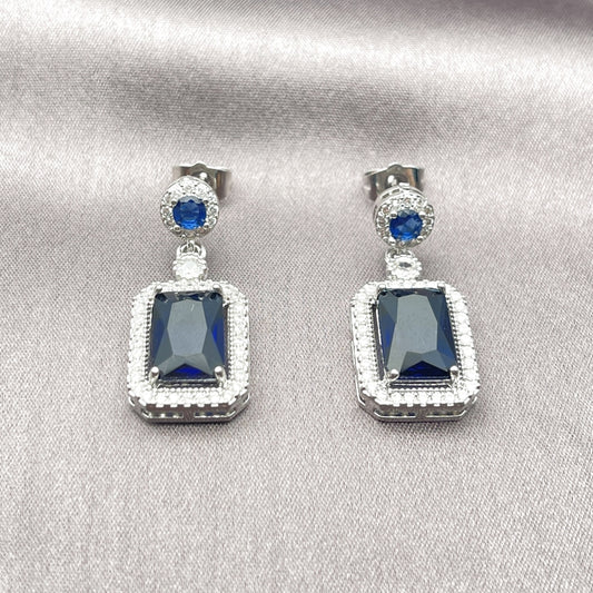 Rhodium Gold Filled Dangle Earring, Cluster Design, with Sapphire Blue and White Cubic Zirconia, Polished, Rhodium Finish