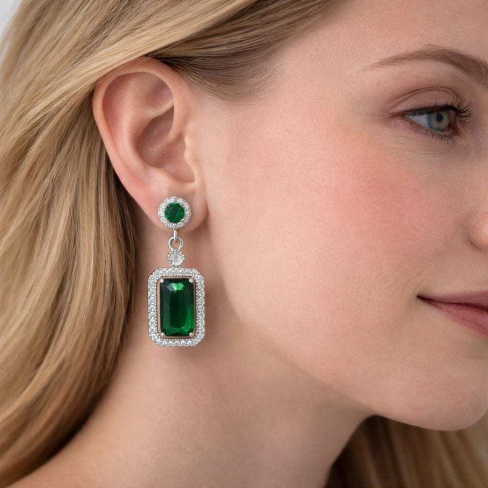 Rhodium Gold Filled Dangle Earring, Cluster Design, with Green and White Cubic Zirconia, Polished, Rhodium Finish