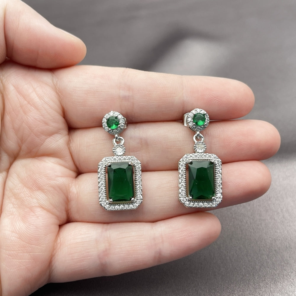 Rhodium Gold Filled Dangle Earring, Cluster Design, with Green and White Cubic Zirconia, Polished, Rhodium Finish