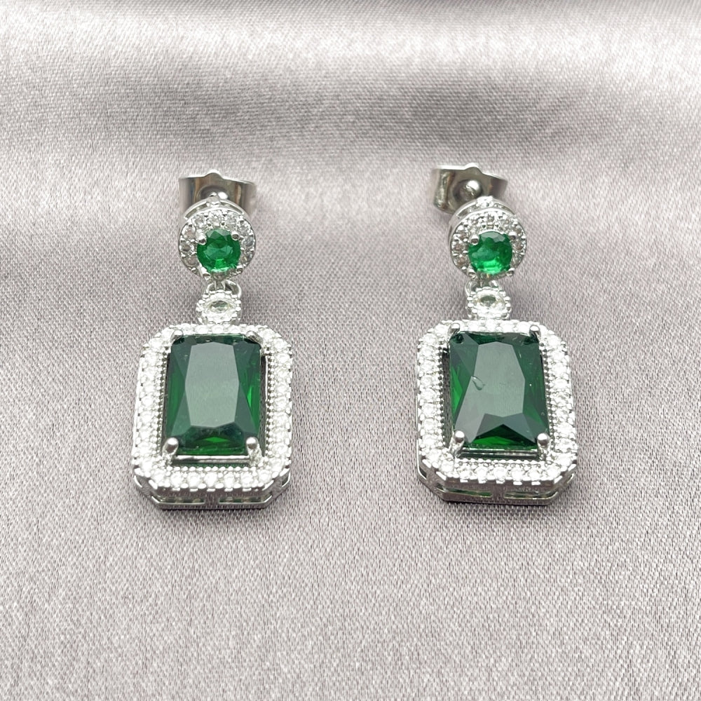 Rhodium Gold Filled Dangle Earring, Cluster Design, with Green and White Cubic Zirconia, Polished, Rhodium Finish
