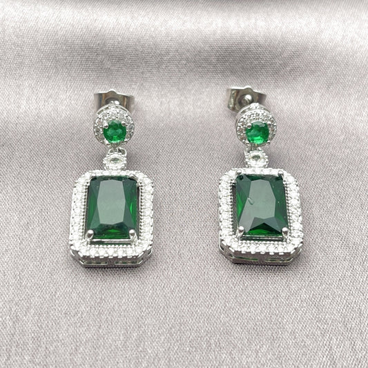 Rhodium Gold Filled Dangle Earring, Cluster Design, with Green and White Cubic Zirconia, Polished, Rhodium Finish