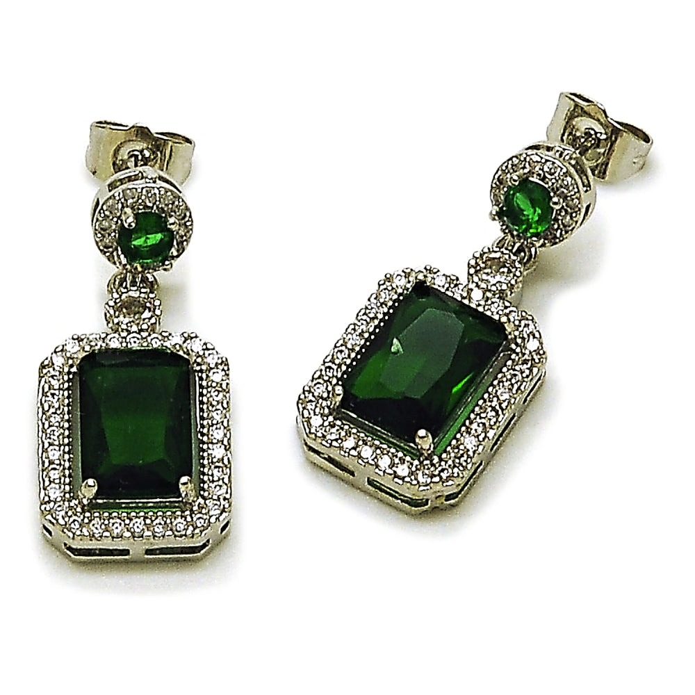 Rhodium Gold Filled Dangle Earring, Cluster Design, with Green and White Cubic Zirconia, Polished, Rhodium Finish