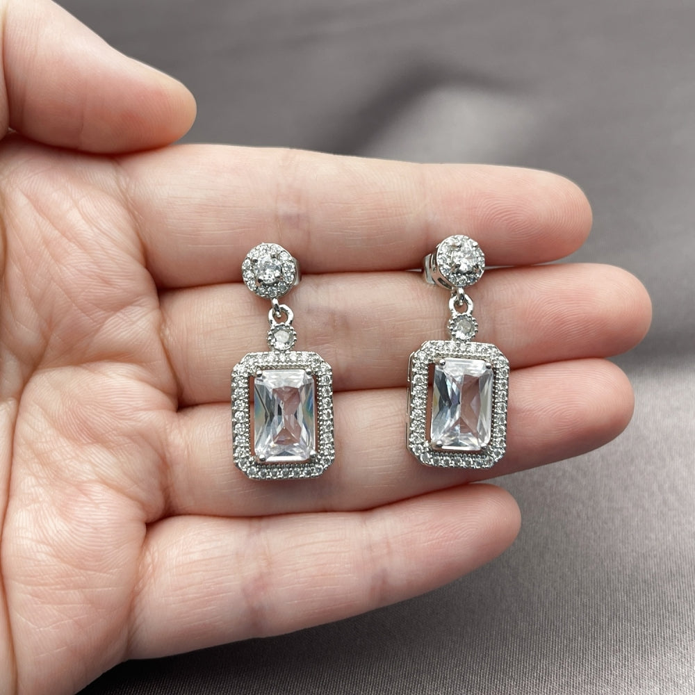 Rhodium Gold Filled Dangle Earring, Cluster Design, with White Cubic Zirconia, Polished, Rhodium Finish