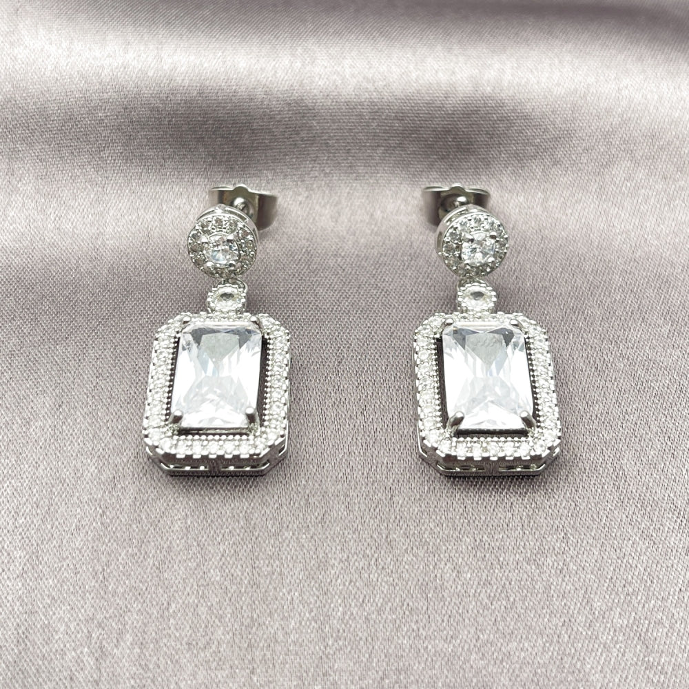 Rhodium Gold Filled Dangle Earring, Cluster Design, with White Cubic Zirconia, Polished, Rhodium Finish