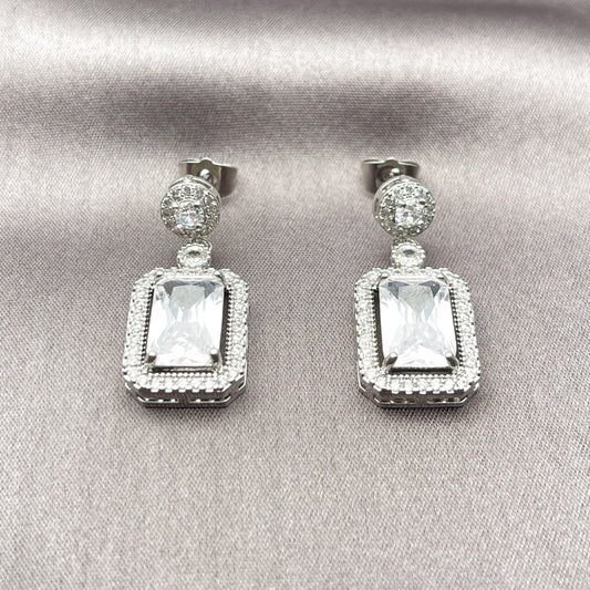Rhodium Gold Filled Dangle Earring, Cluster Design, with White Cubic Zirconia, Polished, Rhodium Finish