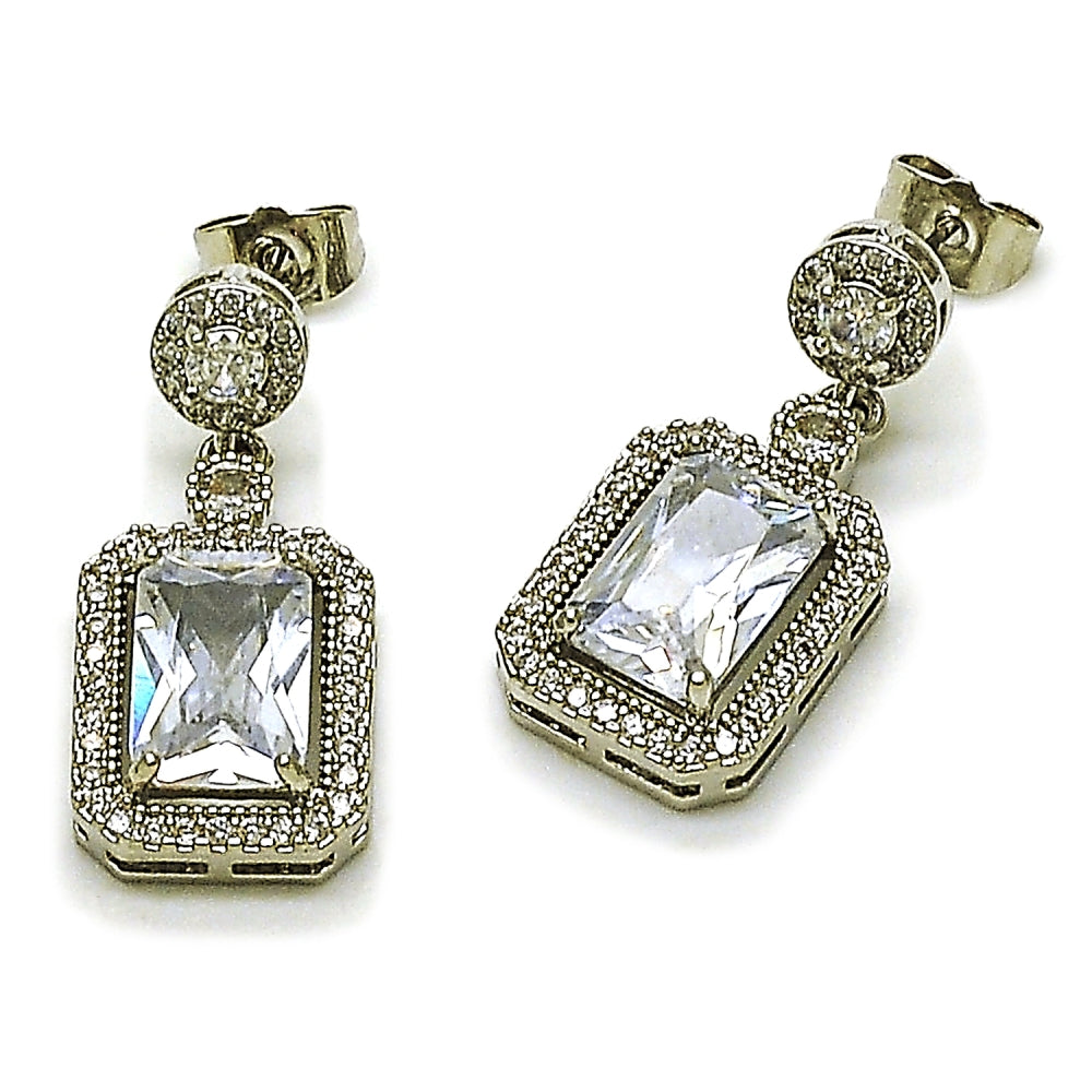 Rhodium Gold Filled Dangle Earring, Cluster Design, with White Cubic Zirconia, Polished, Rhodium Finish