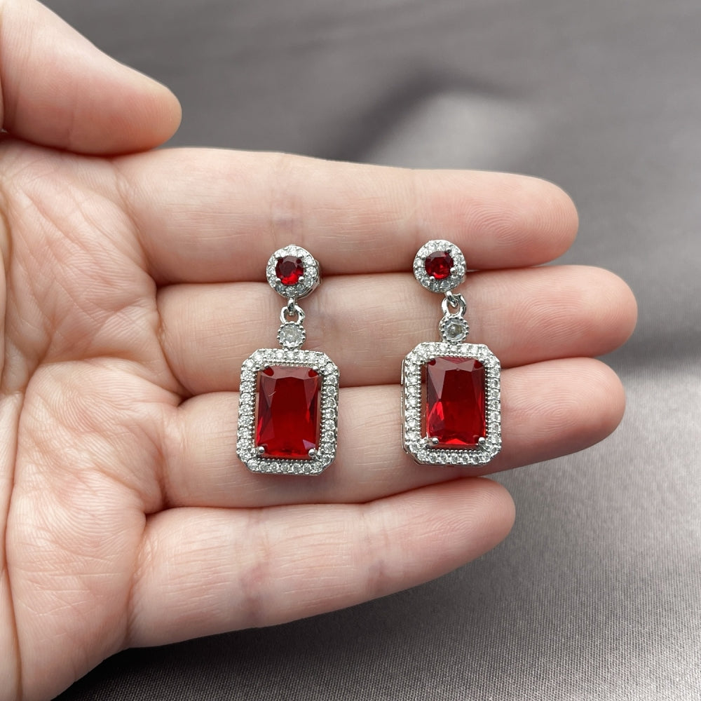 Rhodium Gold Filled Dangle Earring, Cluster Design, with Garnet and White Cubic Zirconia, Polished, Rhodium Finish