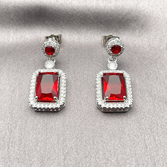 Rhodium Gold Filled Dangle Earring, Cluster Design, with Garnet and White Cubic Zirconia, Polished, Rhodium Finish
