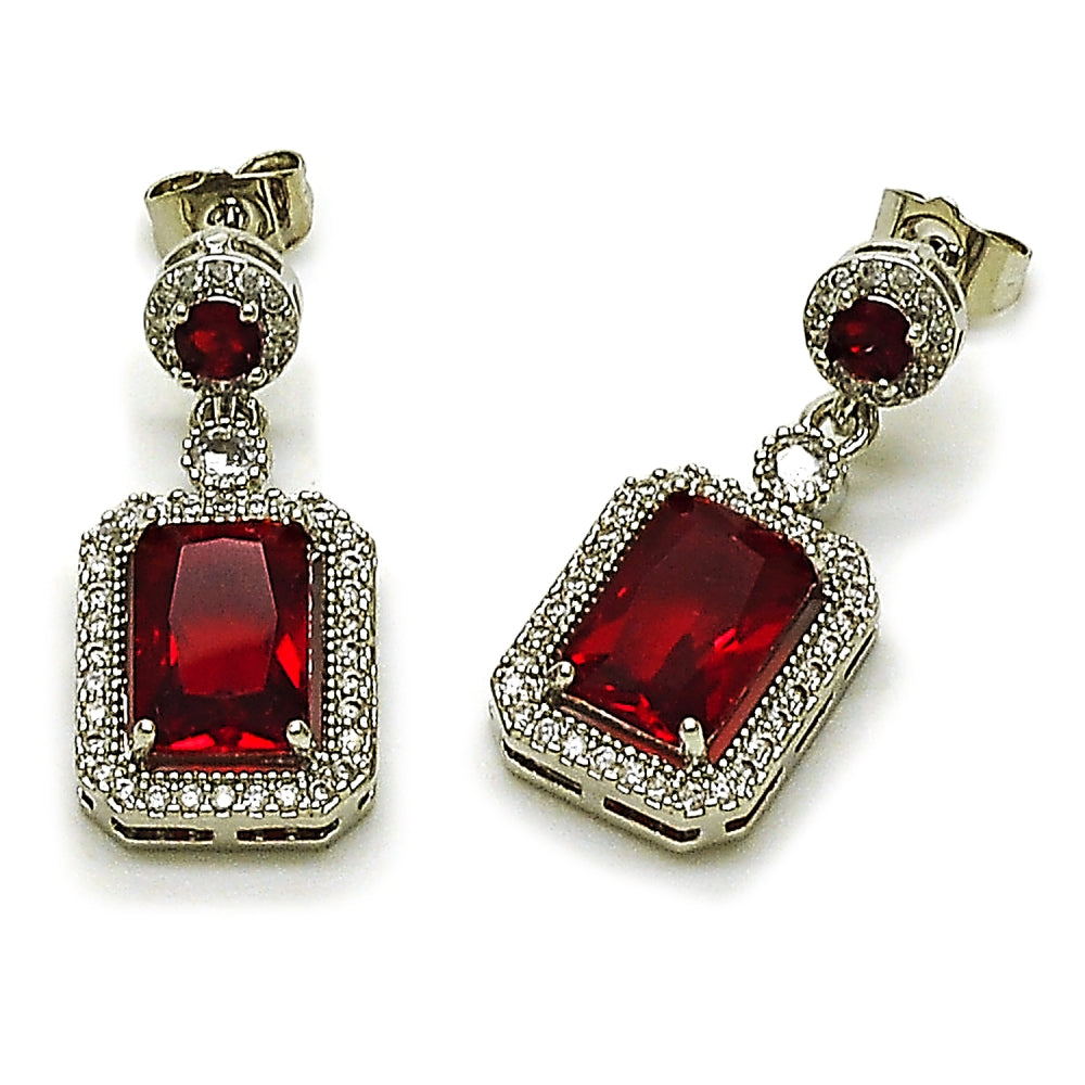 Rhodium Gold Filled Dangle Earring, Cluster Design, with Garnet and White Cubic Zirconia, Polished, Rhodium Finish