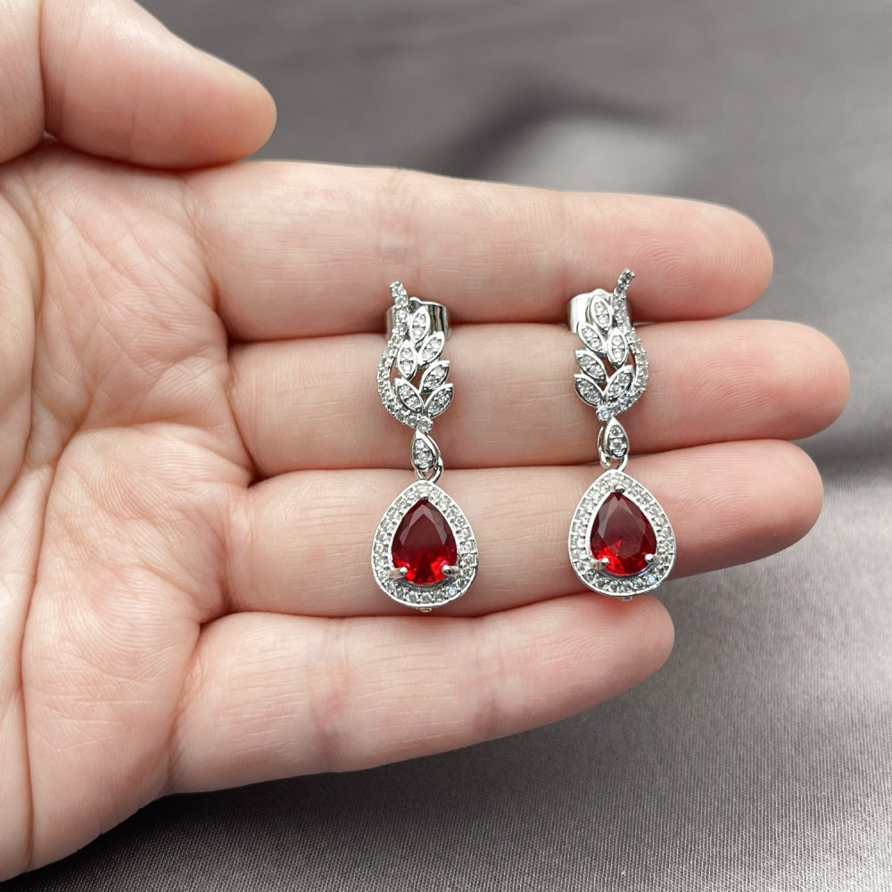 Rhodium Gold Filled Dangle Earring, Teardrop and Wings Design, with Garnet Cubic Zirconia and White Micro Pave, Polished, Rhodium Finish