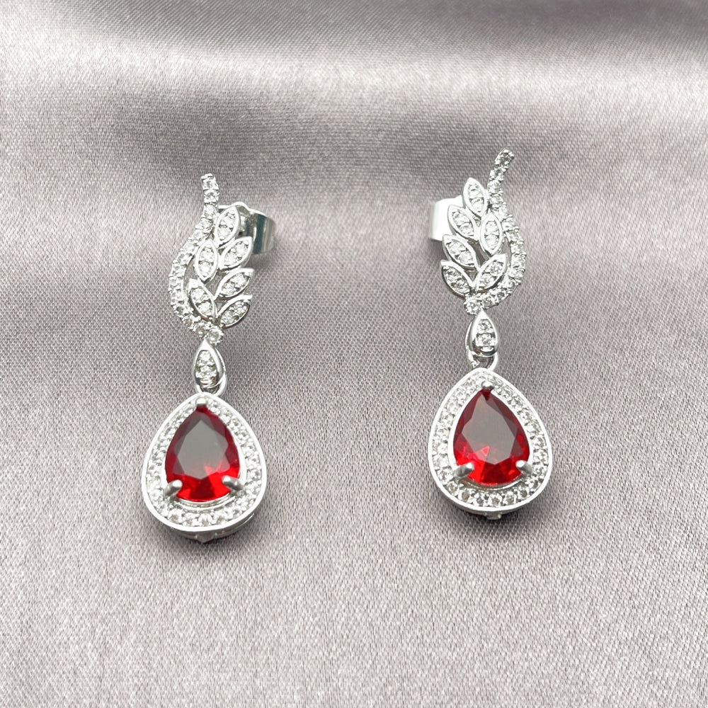 Rhodium Gold Filled Dangle Earring, Teardrop and Wings Design, with Garnet Cubic Zirconia and White Micro Pave, Polished, Rhodium Finish