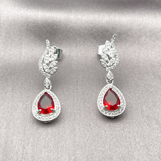 Rhodium Gold Filled Dangle Earring, Teardrop and Wings Design, with Garnet Cubic Zirconia and White Micro Pave, Polished, Rhodium Finish