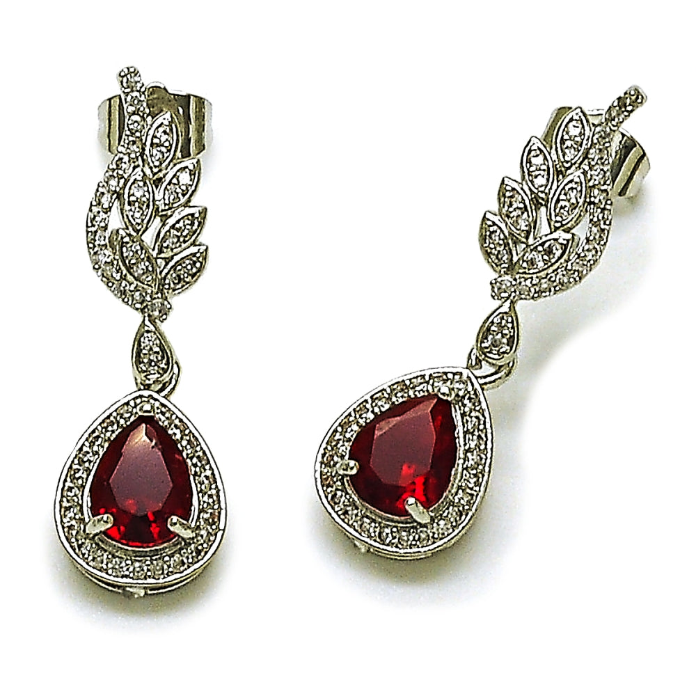 Rhodium Gold Filled Dangle Earring, Teardrop and Wings Design, with Garnet Cubic Zirconia and White Micro Pave, Polished, Rhodium Finish