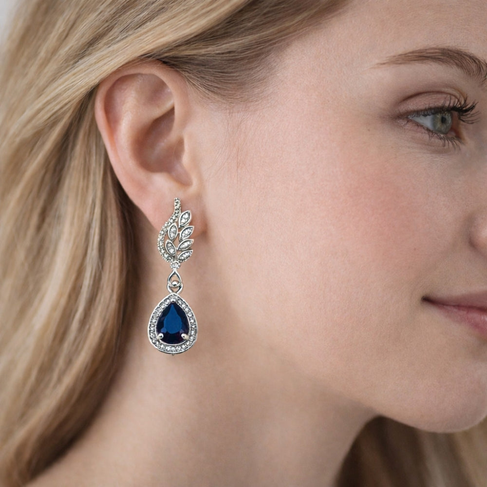 Rhodium Gold Filled Dangle Earring, Teardrop and Wings Design, with Sapphire Blue Cubic Zirconia and White Micro Pave, Polished, Rhodium Finish