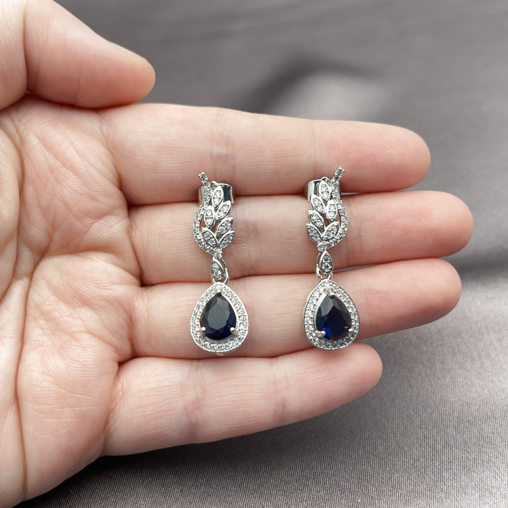 Rhodium Gold Filled Dangle Earring, Teardrop and Wings Design, with Sapphire Blue Cubic Zirconia and White Micro Pave, Polished, Rhodium Finish