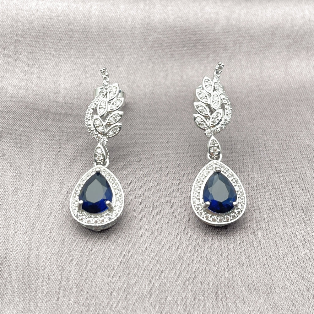 Rhodium Gold Filled Dangle Earring, Teardrop and Wings Design, with Sapphire Blue Cubic Zirconia and White Micro Pave, Polished, Rhodium Finish