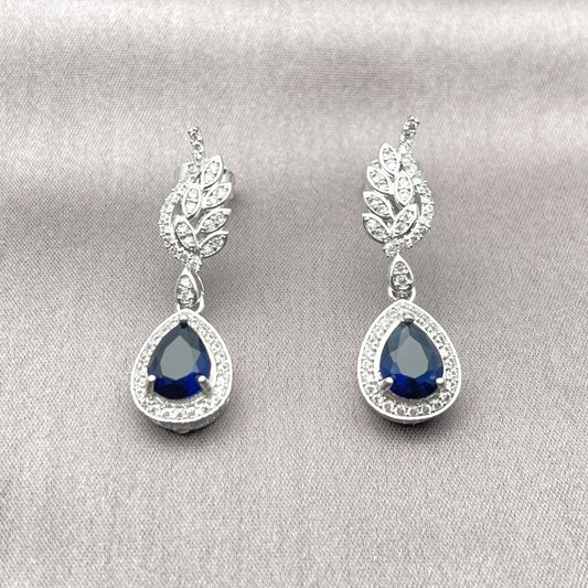 Rhodium Gold Filled Dangle Earring, Teardrop and Wings Design, with Sapphire Blue Cubic Zirconia and White Micro Pave, Polished, Rhodium Finish