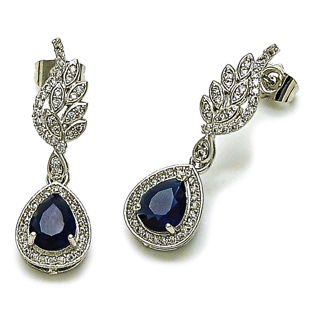 Rhodium Gold Filled Dangle Earring, Teardrop and Wings Design, with Sapphire Blue Cubic Zirconia and White Micro Pave, Polished, Rhodium Finish