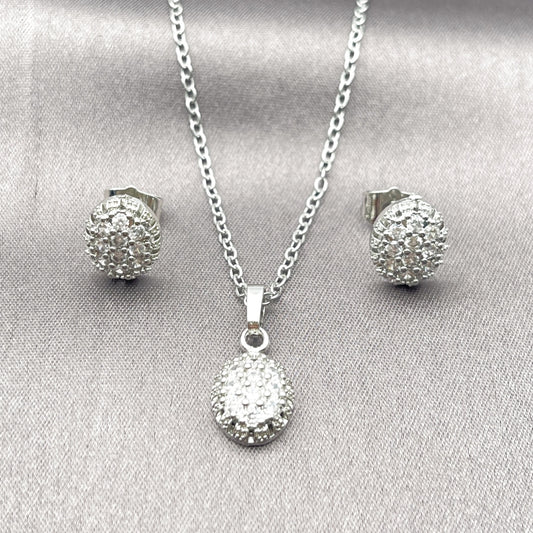Rhodium Gold Filled Earring and Pendant Adult Set, with White Cubic Zirconia, Polished, Rhodium Finish