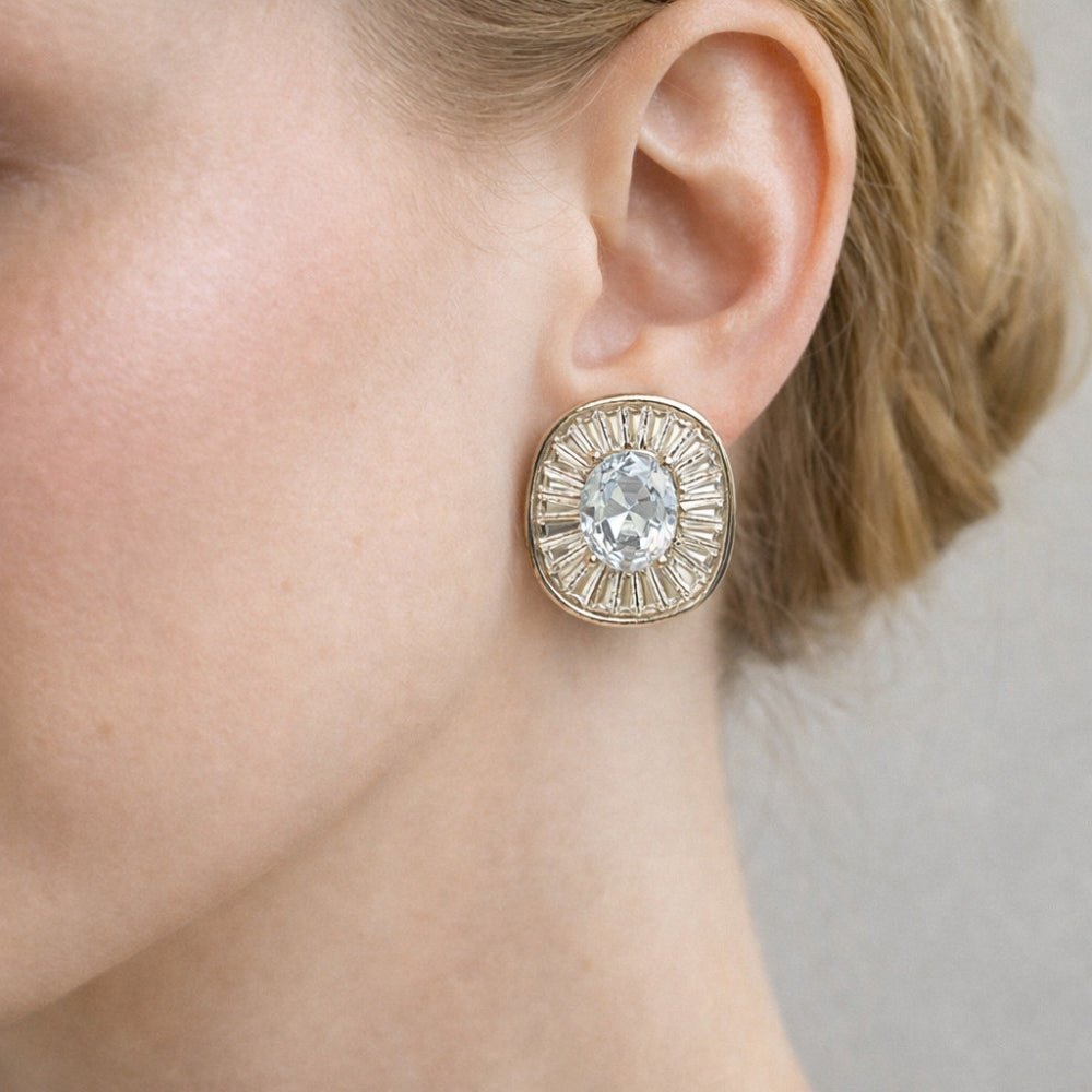 Rhodium Gold Filled Stud Earring, Cluster and Baguette Design, with White Cubic Zirconia, Polished, Rhodium Finish