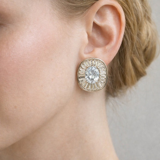 Rhodium Gold Filled Stud Earring, Cluster and Baguette Design, with White Cubic Zirconia, Polished, Rhodium Finish