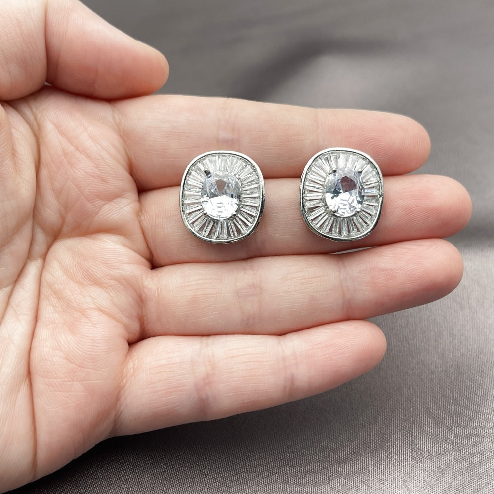 Rhodium Gold Filled Stud Earring, Cluster and Baguette Design, with White Cubic Zirconia, Polished, Rhodium Finish