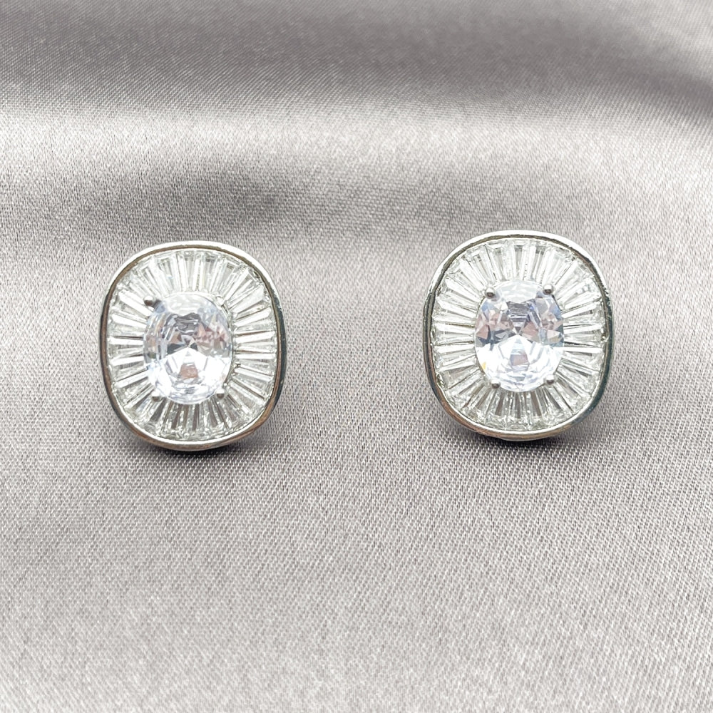 Rhodium Gold Filled Stud Earring, Cluster and Baguette Design, with White Cubic Zirconia, Polished, Rhodium Finish