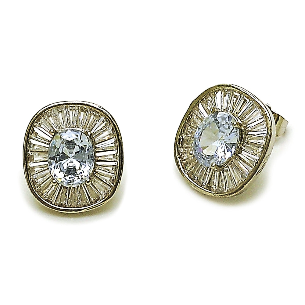 Rhodium Gold Filled Stud Earring, Cluster and Baguette Design, with White Cubic Zirconia, Polished, Rhodium Finish
