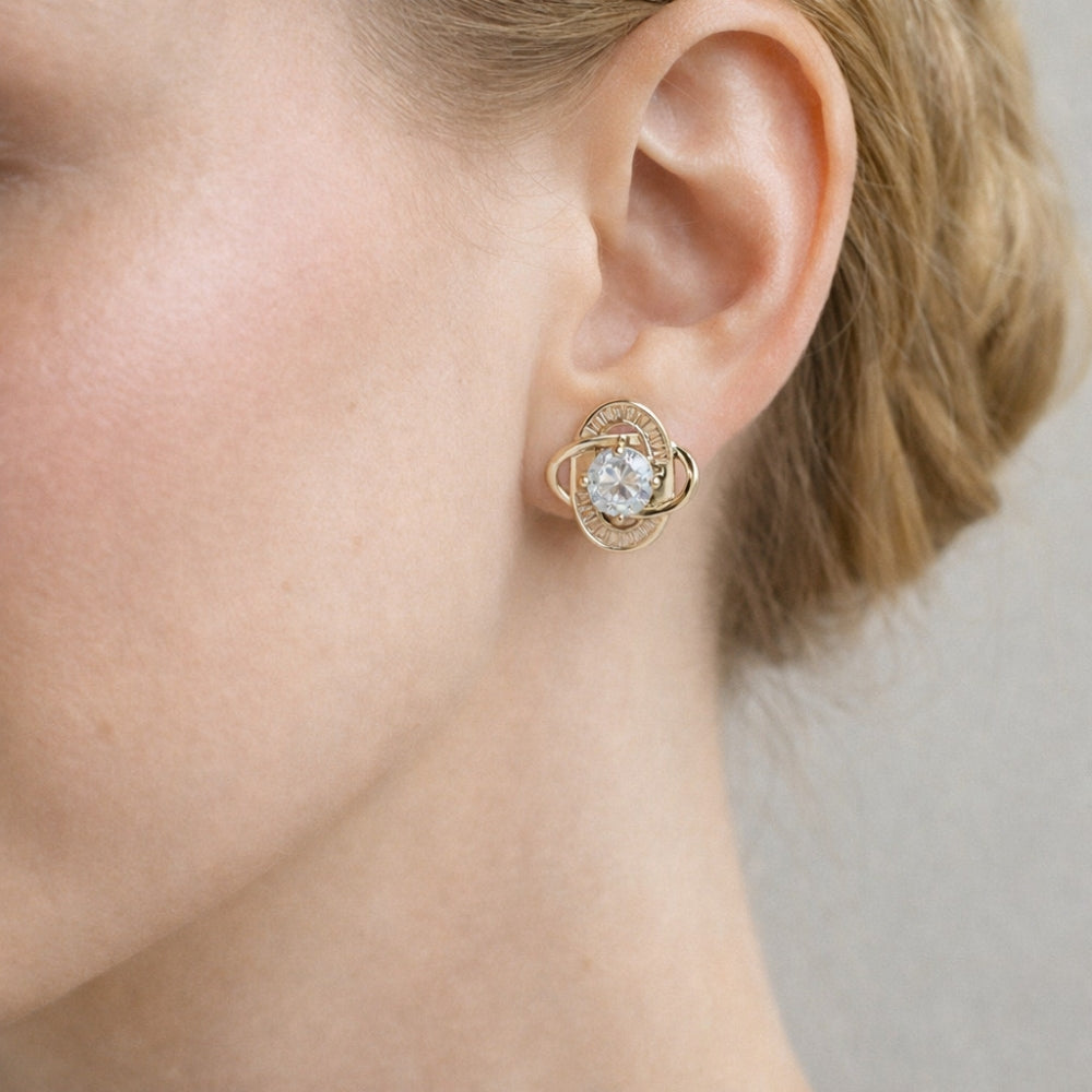 Rhodium Gold Filled Stud Earring, Love Knot and Baguette Design, with White Cubic Zirconia, Polished, Rhodium Finish