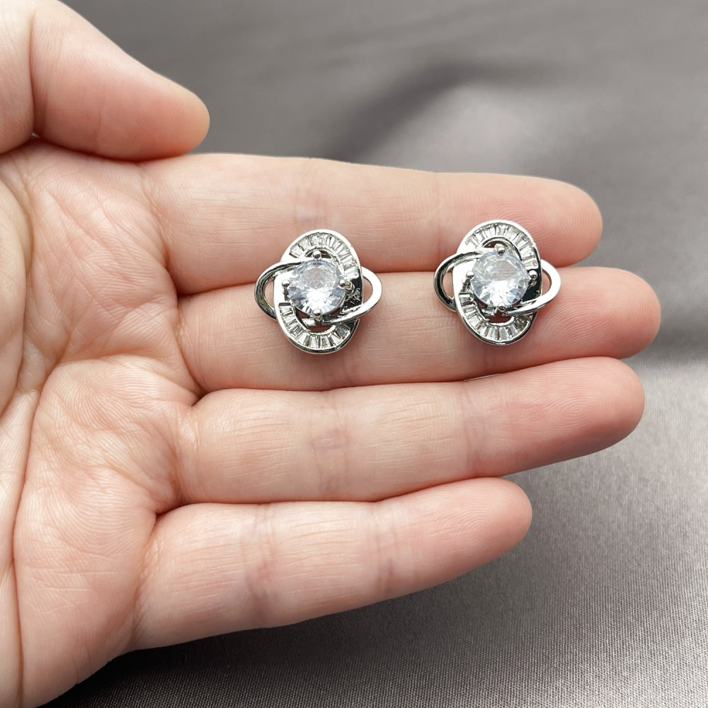 Rhodium Gold Filled Stud Earring, Love Knot and Baguette Design, with White Cubic Zirconia, Polished, Rhodium Finish