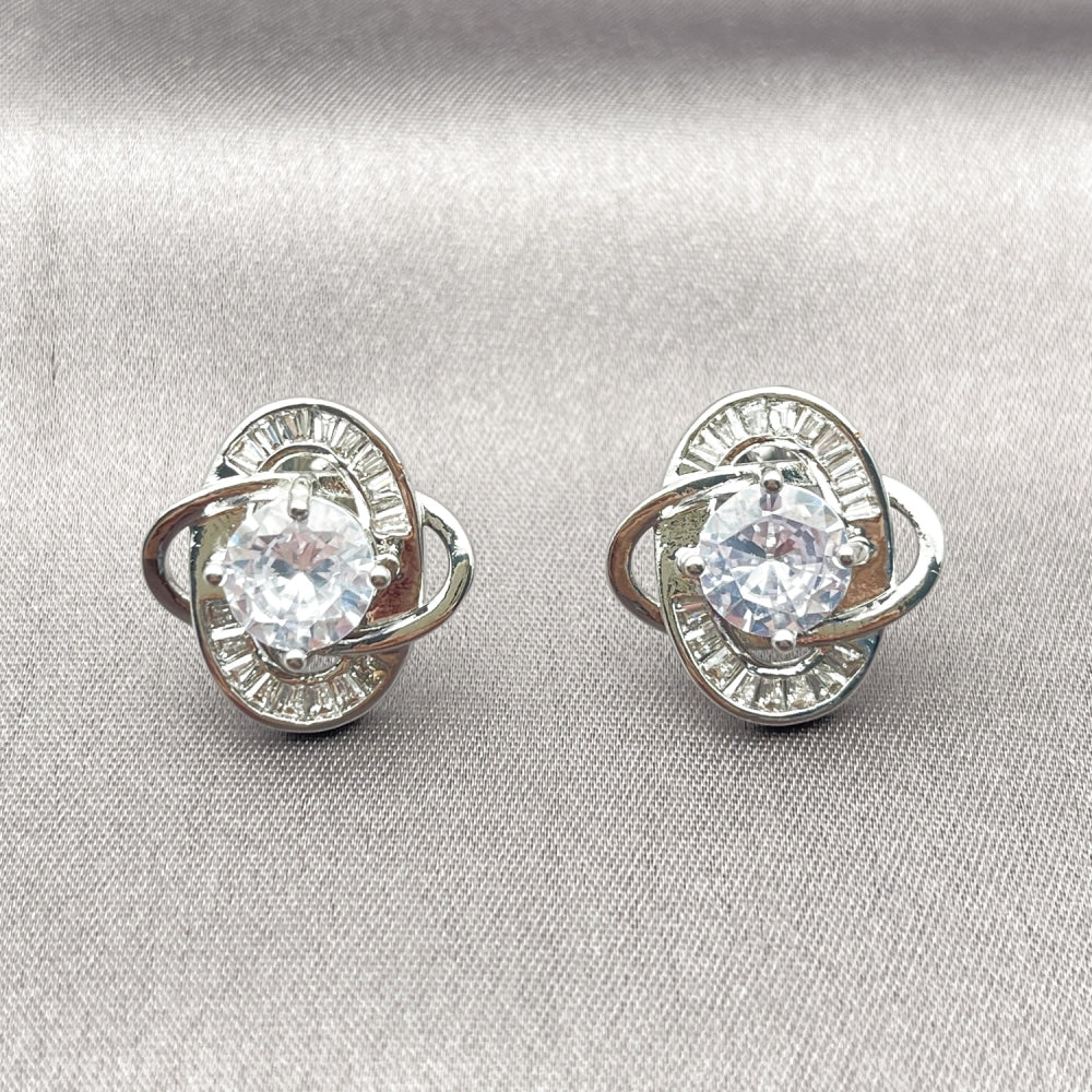 Rhodium Gold Filled Stud Earring, Love Knot and Baguette Design, with White Cubic Zirconia, Polished, Rhodium Finish