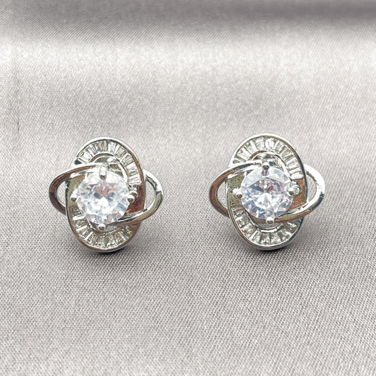 Rhodium Gold Filled Stud Earring, Love Knot and Baguette Design, with White Cubic Zirconia, Polished, Rhodium Finish