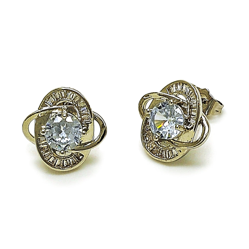 Rhodium Gold Filled Stud Earring, Love Knot and Baguette Design, with White Cubic Zirconia, Polished, Rhodium Finish