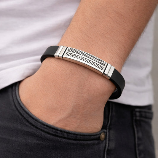 Stainless Steel Fancy Bracelet, Greek Key Design, Polished, Steel Finish